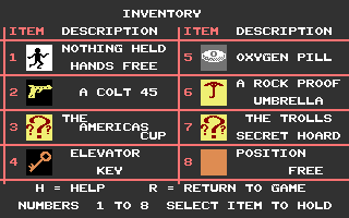 Inventory and help screen