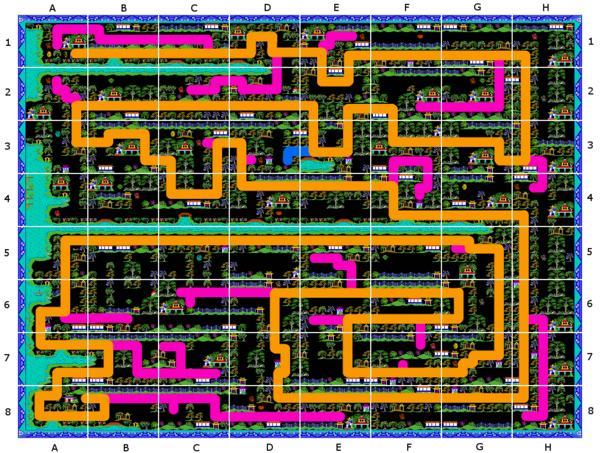 Path from the starting point to the Princess's prison (orange). Detours where additional swords can be found are marked in pink.
